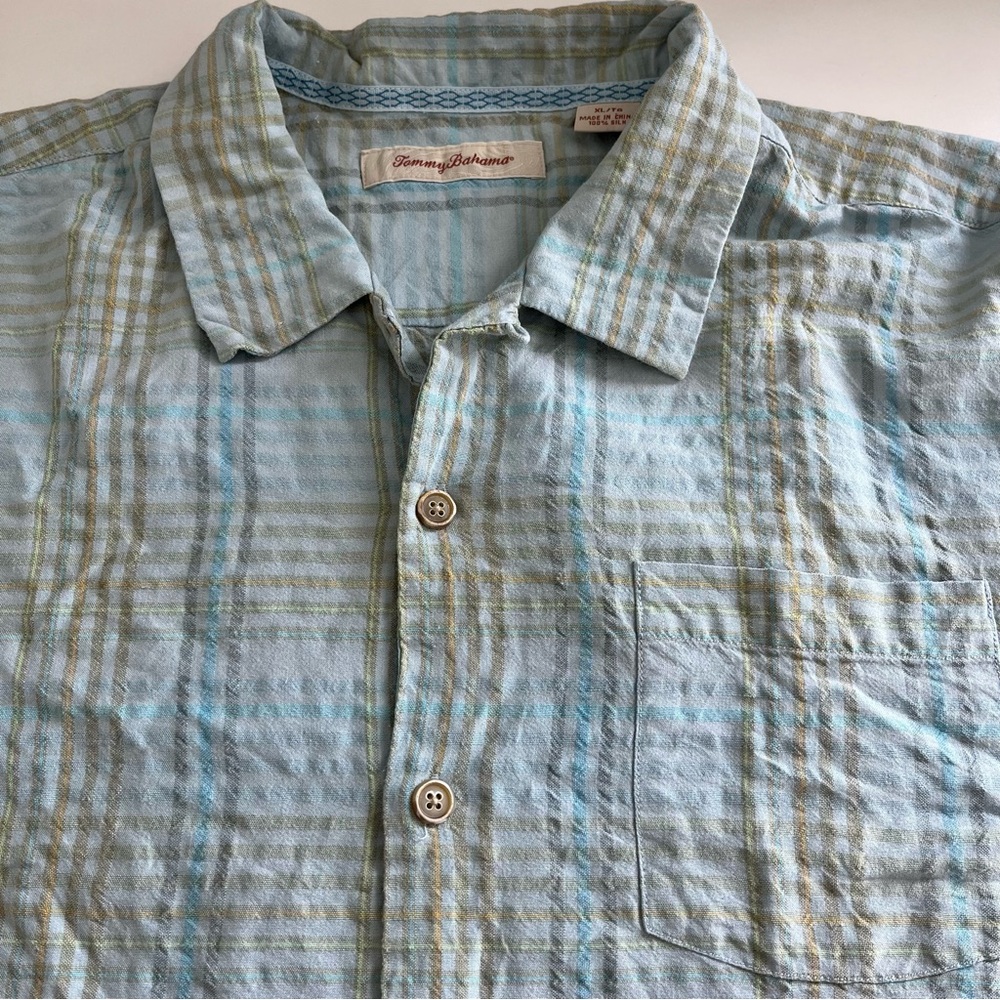 Tommy Bahama Men’s Blue Tan‎ Plaid Silk Short Sleeve Button Down XL